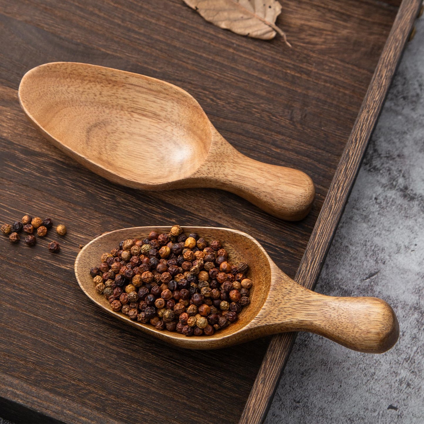 Big Wooden Scoop Shovel, Large Coffee Scoops for Ground coffee, 2PCS Acacia Wood Bean Salt Spoons, Wooden Scoops for Jars Canisters, Kitchen Scoops for Flour Laundry Scoop Multi-purpose