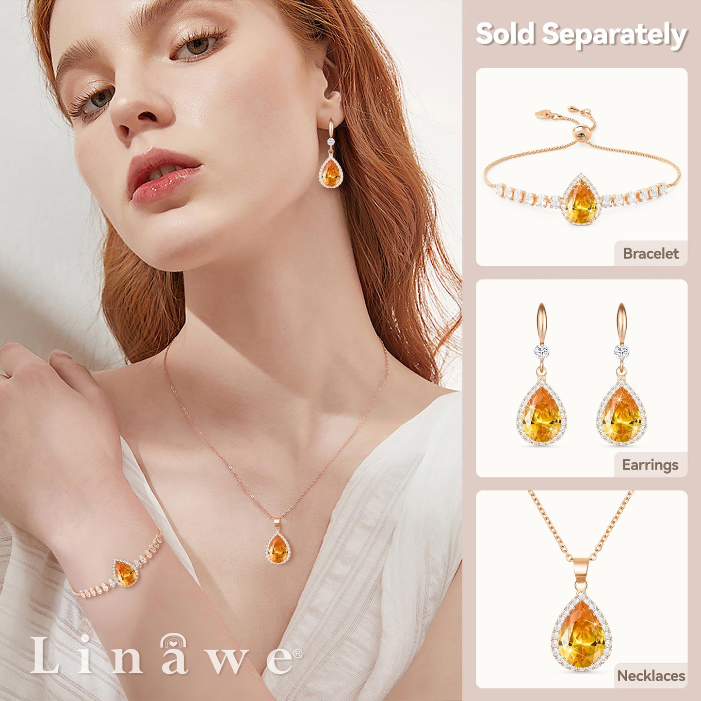 Linawe Rose Imitation Gold Plated Yellow Earrings for Women, Imitation Diamond Dangle Drop Chandelier Rhinestone Lab Created Citrine Cubic Zirconia Fake Crystal Wedding Earrings