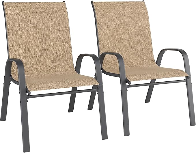 Patio Chairs Set of 2, Outdoor Dining Chairs Stackable for All Weather, Breathable Metal Modern Outside Furniture Chair for Pool Side, Garden, Backyard Deck, Brown