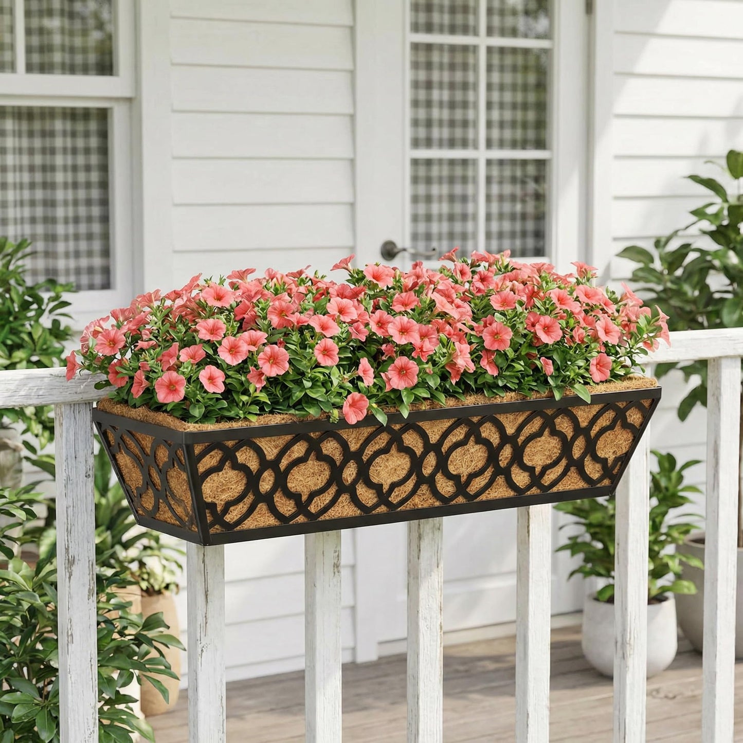 Y&M Railing Planter Boxes 24 Inch 2 Pack, Hanging Balcony Planter, Adjustable Deck Railing Planter Box, Metal Window Boxes Outdoor for Fence, Porch Flower Pots Holder