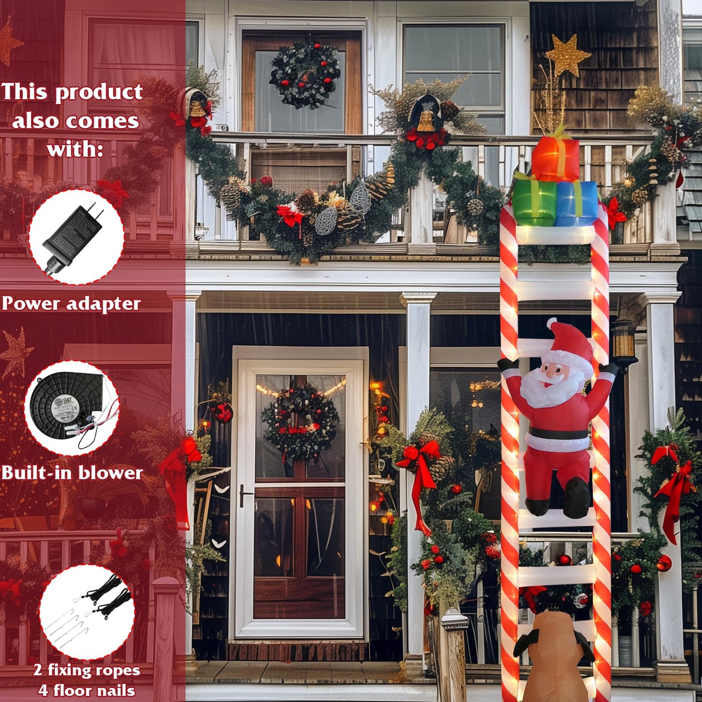 9 FT Hanging Christmas Inflatables Decorations with Led Light, Santa Claus Chased by A Dog Climbing Ladder, Funny Blow up Christmas Ornaments, Xmas Holiday Decor for Party Outdoor Yard Porch Roof