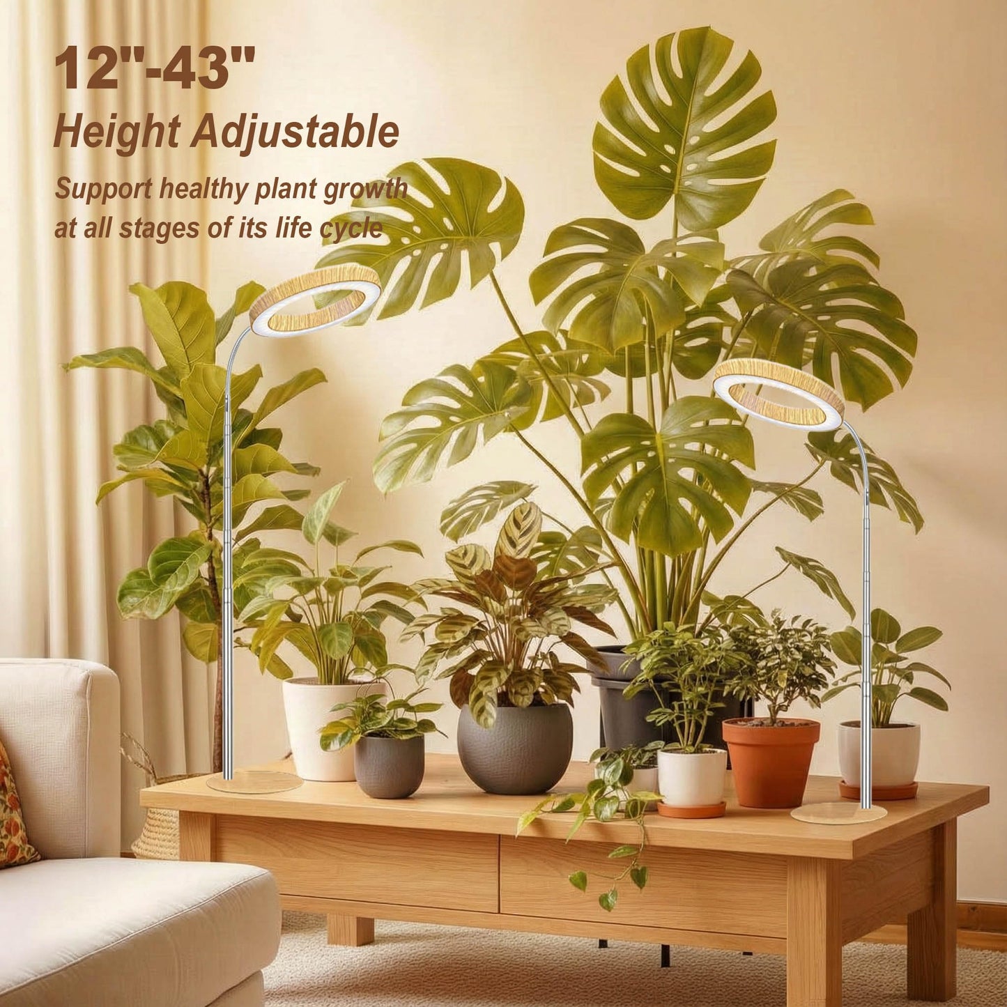 Grow Light for Indoor Plants Full Spectrum, Desk LED Plant Light with Faux Wood Grain, 12"-43" Height Adjustable, Auto On/Off Timer 3/9/12H, 3 Modes 10 Dimmable Levels for Succulents, Herbs