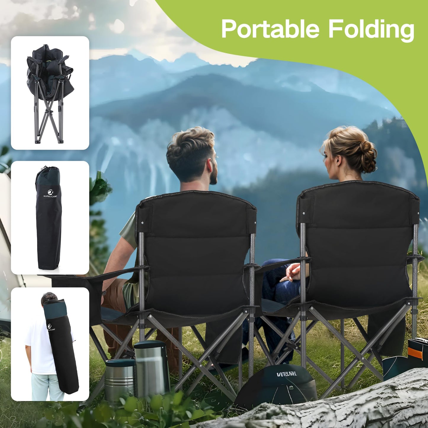 2 Pack Oversized Folding Camping Chairs High Back Heavy Duty Padded Lawn Chair for Adults Support up to 450lbs with Cup Holder, Side Pocket Cooler Bag, Green