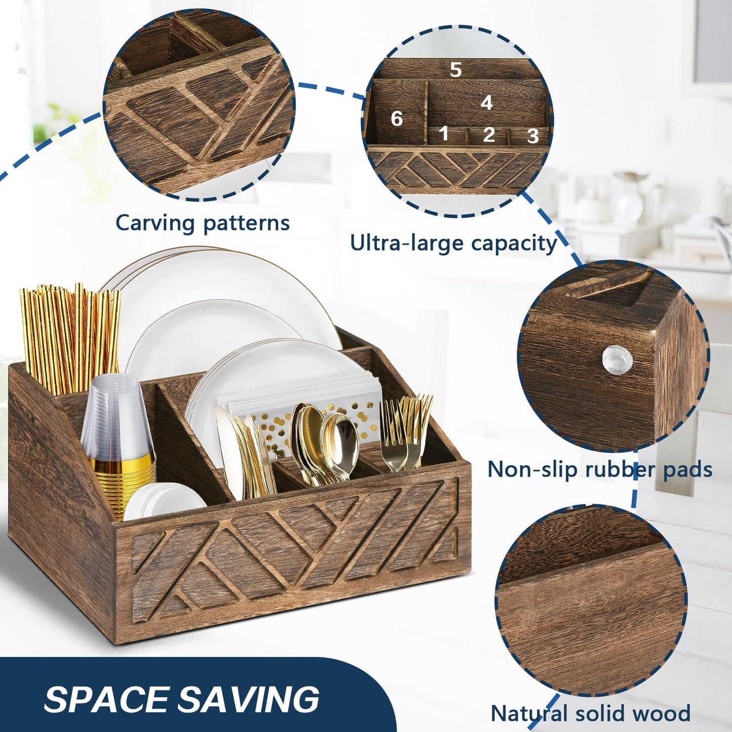 Ukonvi Paper Plate Dispenser, Paper Plate Holder for Kitchen Counter, Wood Rustic Silverware Utensil Caddy, Cutlery Flatware Organizer Box for Cups Spoons Forks Plates Napkins, Kitchen Accessories