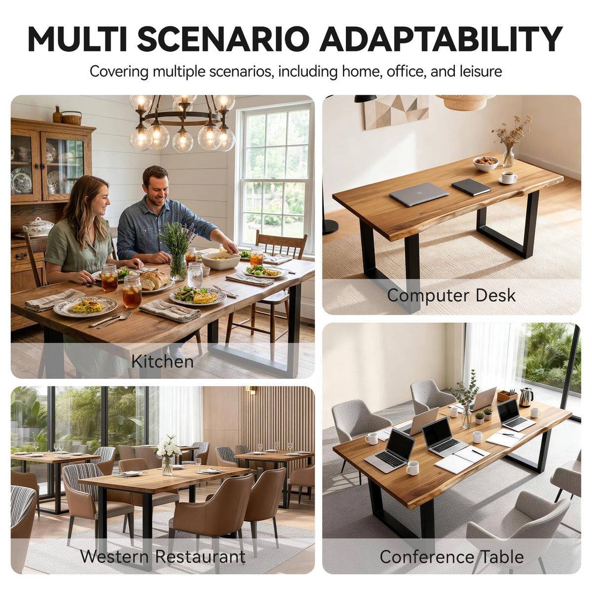 Heliosrider Farmhouse Live Edge Dining Table, Solid Wood Dining Table with 2" Table Top & Metal Base, Wood Slab Industrial Live Edge Desk for Kitchen & Dining Room 2,4,6 People (55.1 * 27.5 * 29.5IN)