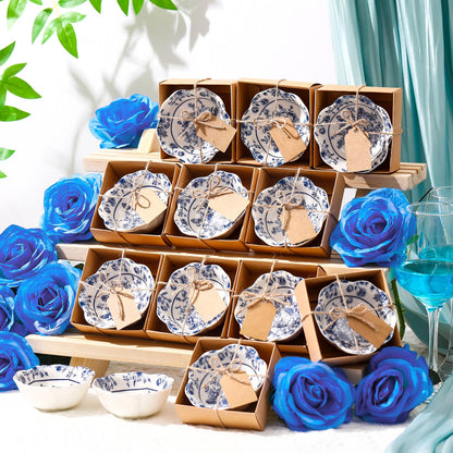 SiliFine 12 Pcs Wedding Favors for Guests Small Ceramic Bowl Bulk Gifts Set 3.3 Inch Floral Design Mini Dipping Sauce Dish with Card Box for Bridal Pooja Baby Shower Birthday (Flower,Blue)