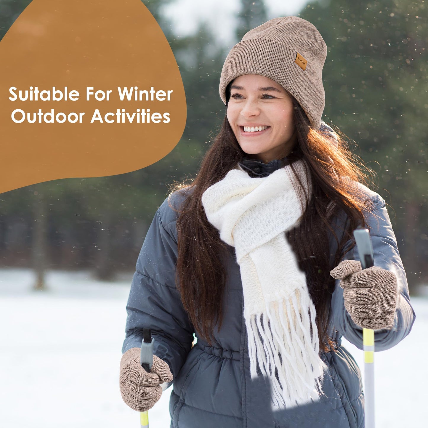 Womens Beanie Winter Hat Long Scarf Touchscreen Gloves Set Fleece Lined Skull Caps for Women Men