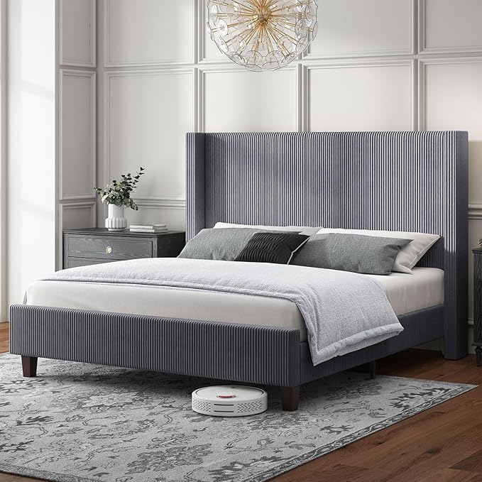 HOWE Queen Size Bed Frame with 50.8" Tall Wingback Headboard, Modern Corduroy