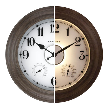 CLXEAST 24 Inch LED Illuminated Outdoor Clocks Waterproof with Thermometer & Hygrometer, Large Lighted Metal Wall Clock with Smart Night Light Sensor,Grey Oak Finish,House Warming Gifts New Home