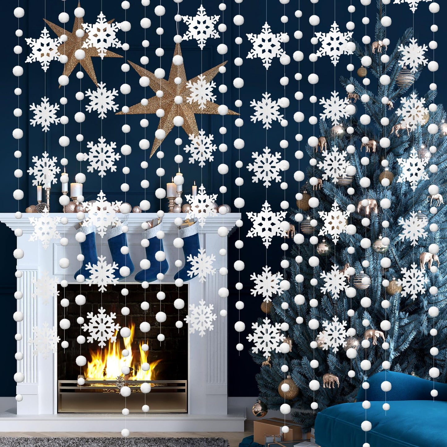 HunnmingRe 20 Pcs Snowflake Garland Winter Christmas Hanging Snowflake Decorations White Snowball Streamers Strings Xmas Wonderland Birthday Party Decorations