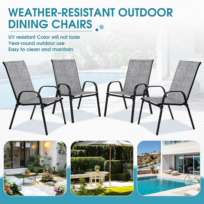 Outdoor Stackable Chairs Set of 4, Stacking Patio Chairs with Textilene Fabric, Outside Furniture for Garden Backyard Balconie Poolside Deck, Grey