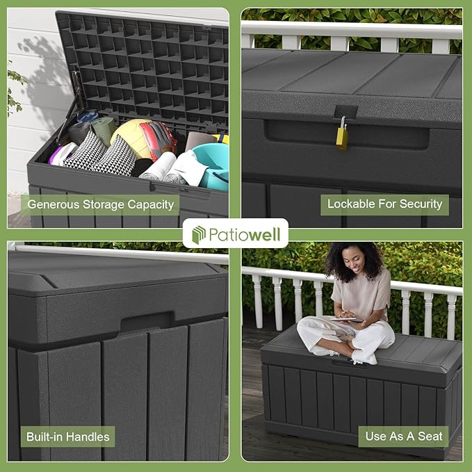 Patiowell 82 Gallon Resin Deck Box, Waterproof Large Wood Look Storage Box for Patio Furniture, Pool Accessories, Garden Tools and Sports Equipment, Lockable, Black