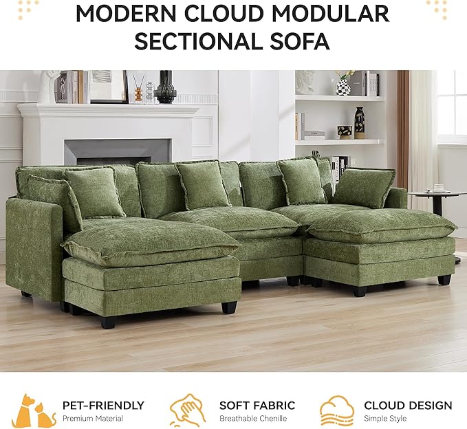 111'' Sectional Cloud Deep Seat Couch, Oversized Chenille U Shaped Sectional