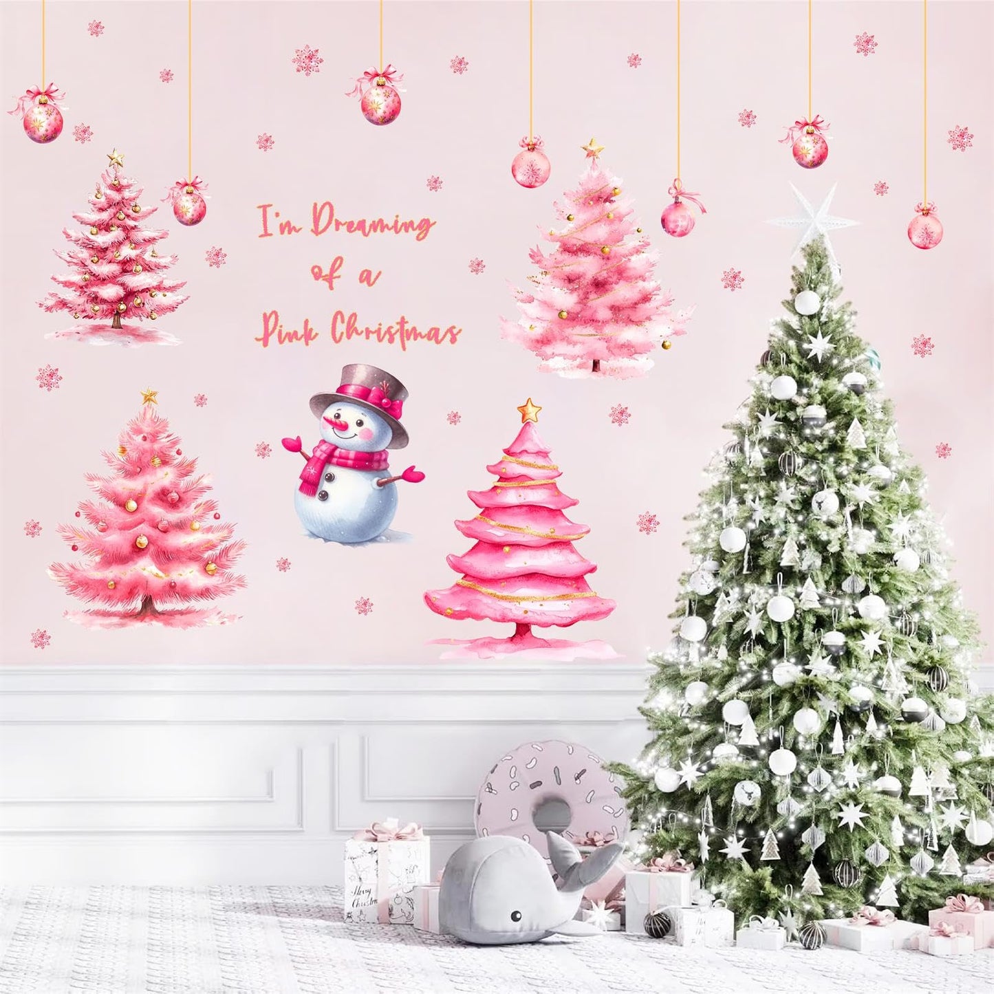Pink Christmas Window Clings Double-Sided Christmas Tree Windows Decoration Stickers Indoor Xmas Pine Tree Window Decals for Glass Snowman Snowflakes Decals for Winter Holiday Party Supply
