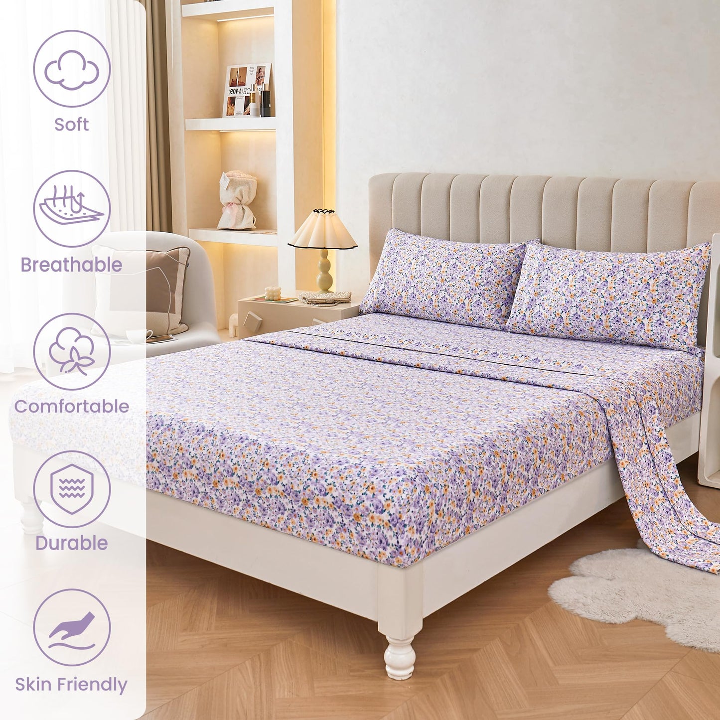 Mooreeke Floral Full Bed Sheets, Soft Microfiber Printed Bedding Sheets & Pillowcases, Deep Pocket Non-Slip Vintage Full Sheet, Purple Yellow Flower Pattern Bedsheets