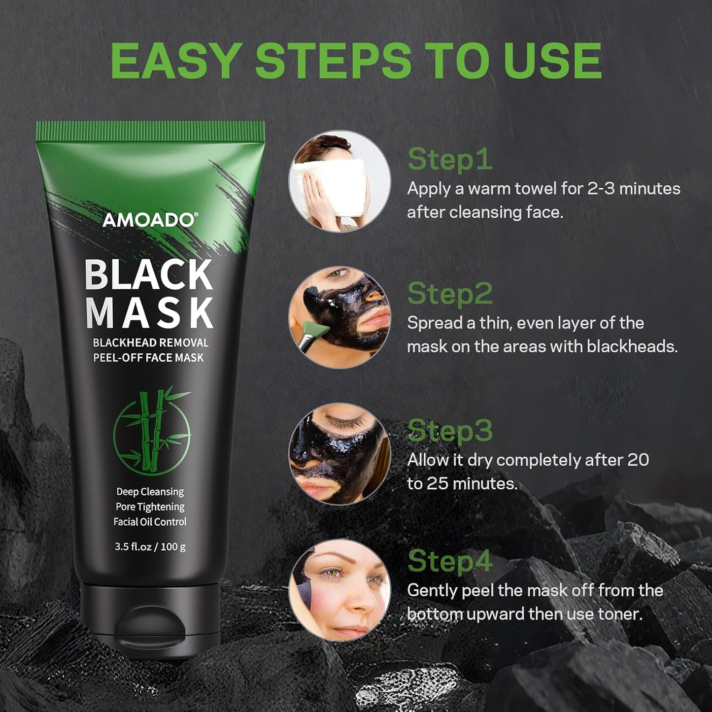 Blackhead Remover Mask, Charcoal Peel Off Face Mask Kit, (100g) Deep Pore Cleans,Oil Control, Blackheads Removal Peel Off Black Mask for Men & Women – Includes Brush,Extractor Tool