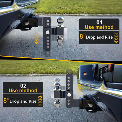 Vullteeon Adjustable Trailer Hitch, Drop Hitch for 2.5 Inch Receiver, 8 inch Aluminum Truck Hitch, 2 and 2-5/16 inch Balls, 18,500 LBLBS GTW, Two Anti-Theft Pins Locks