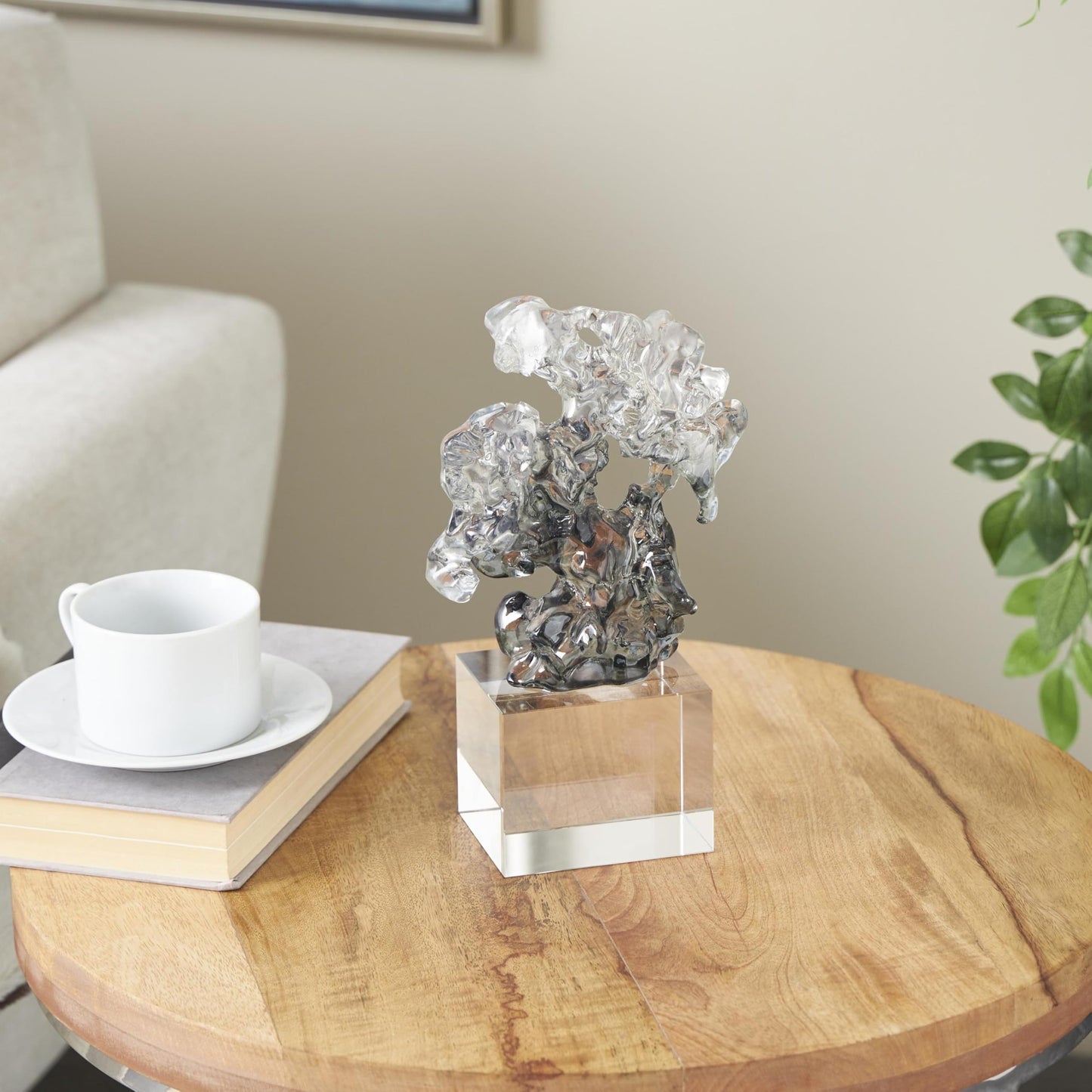 Deco 79 Glass Abstract Decorative Sculpture Freeform Home Decor Statue with Clear Square Base, Accent Figurine 6" x 3" x 10", Clear