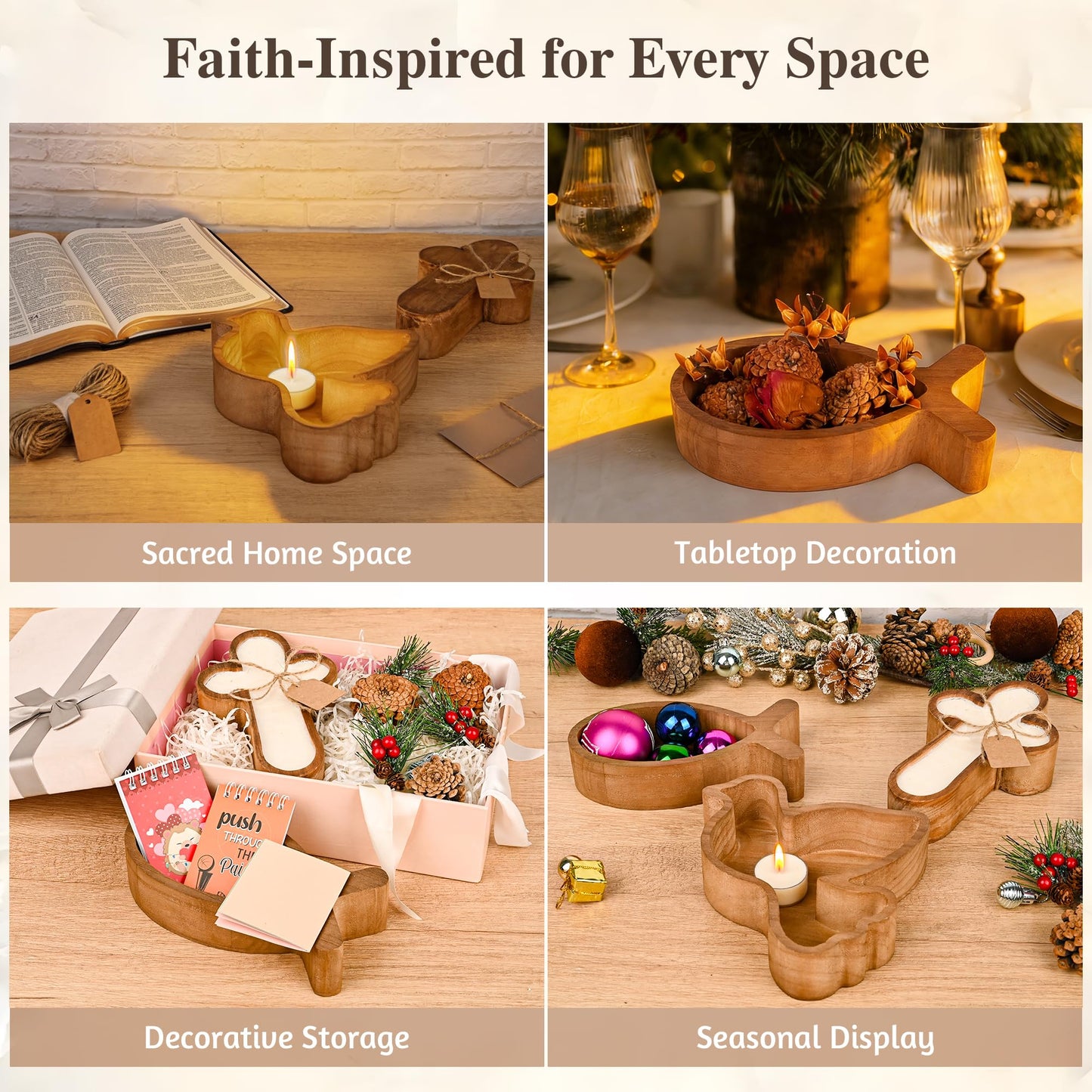 Pawnoc Paulownia Wood Dough Bowl Set, 3 Pack Christian Candle Holders in Cross, Dove, Fish Shapes, Rustic Decorative Pieces for DIY Candle Making, Farmhouse or Church Decor