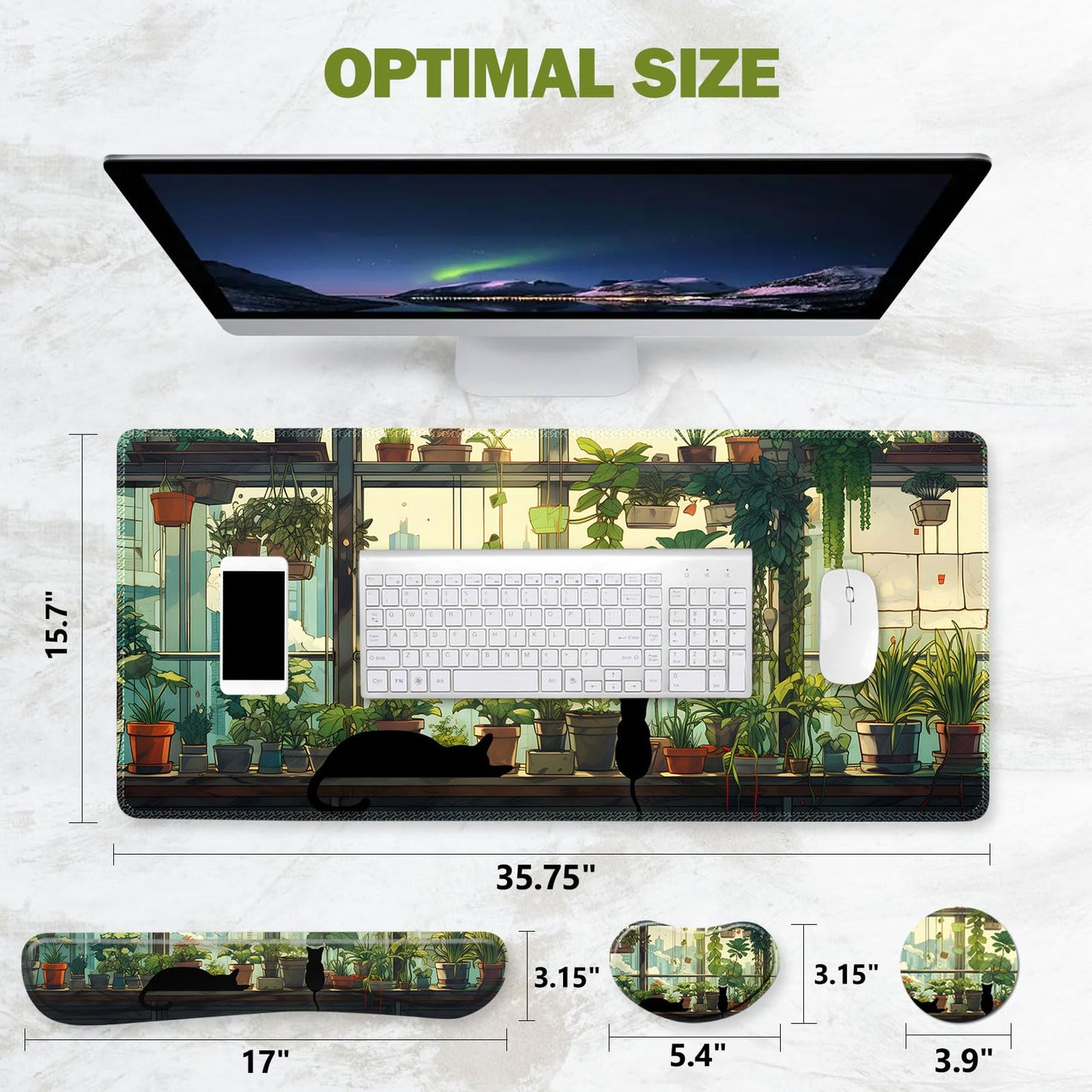 ToLuLu Extended Gaming Mouse Pad, Memory Foam Ergonomic Keyboard Mouse Wrist Rest Support Set, Large Desk Mat with Stitched Edges, Non-Slip Base Mousepad Home Office, Cute Green Japanese Kawaii Cat