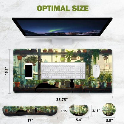 ToLuLu Extended Gaming Mouse Pad, Memory Foam Ergonomic Keyboard Mouse Wrist Rest Support Set, Large Desk Mat with Stitched Edges, Non-Slip Base Mousepad Home Office, Cute Green Japanese Kawaii Cat