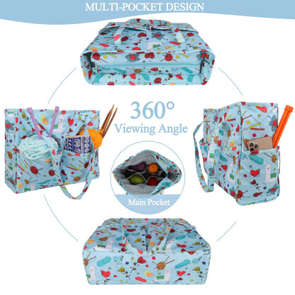 Coopay Craft Bag for Crochet Knitting Cross Stitch, Tote Bag for Embroidery Project, Knitting Needles or Diamond Painting Tools, Knitting Bags Yarn Storage Bag 14in×5.5in×12in,Oxford Cloth,Blue