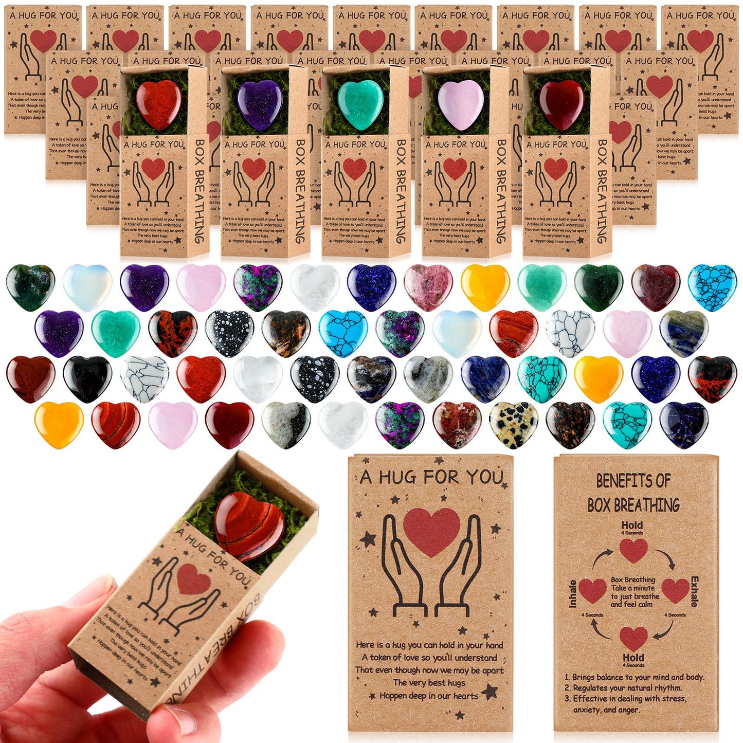 Landical 50 Sets Pocket Hug Token Gifts Bulk Little Heart Rocks Small Crystal Heart Stones Bulk with Boxes for Birthday Party Colleagues Family Celebration of Life Gifts (Classic)
