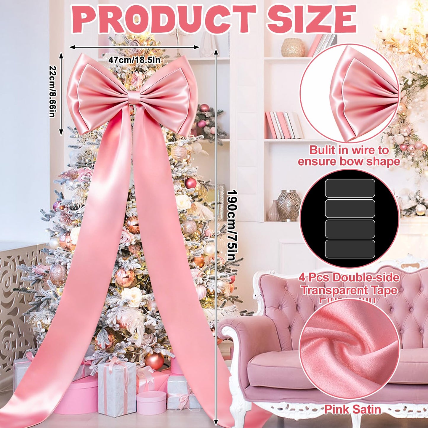 Dreamtop Giant Bow Decor, 19x75 Inch Christmas Tree Bow Topper Decoration for Christmas Tree for Home Wreath Wall Backdrop Birthday Wedding Party Decorations (Pink)