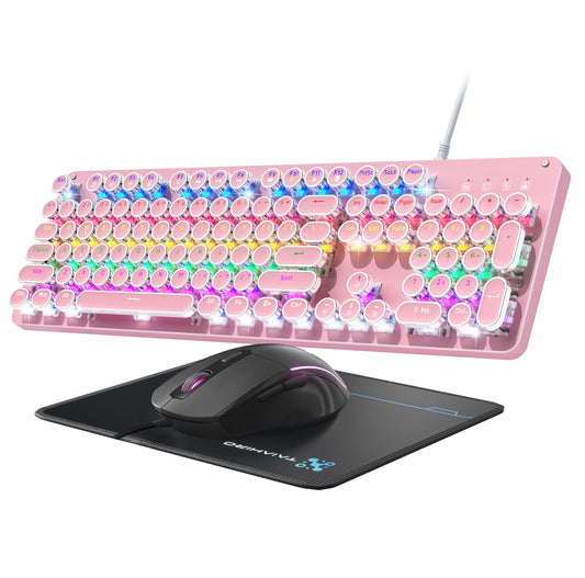 Typewriter Mechanical Gaming Keyboard and Mouse, Metal Panel Retro Keyboards with Round Keycap Blue Switch, Rainbow LED Backlit 104-Key Anti-Ghost Wired Mouse and Pad Combo for PC Laptop Mac Gamer