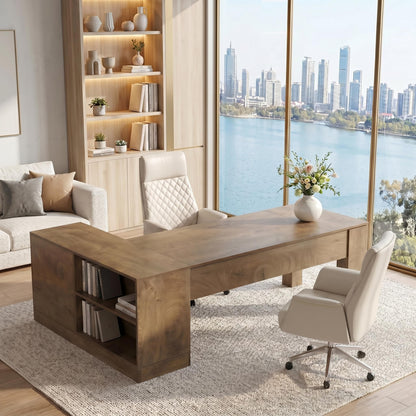 LITTLE TREE 78.7" L Shaped Office Desk with Drawers, Executive Computer Desk with Open Shelves Storage, Farmhouse Large Wooden L Desks Business Furniture, Brown