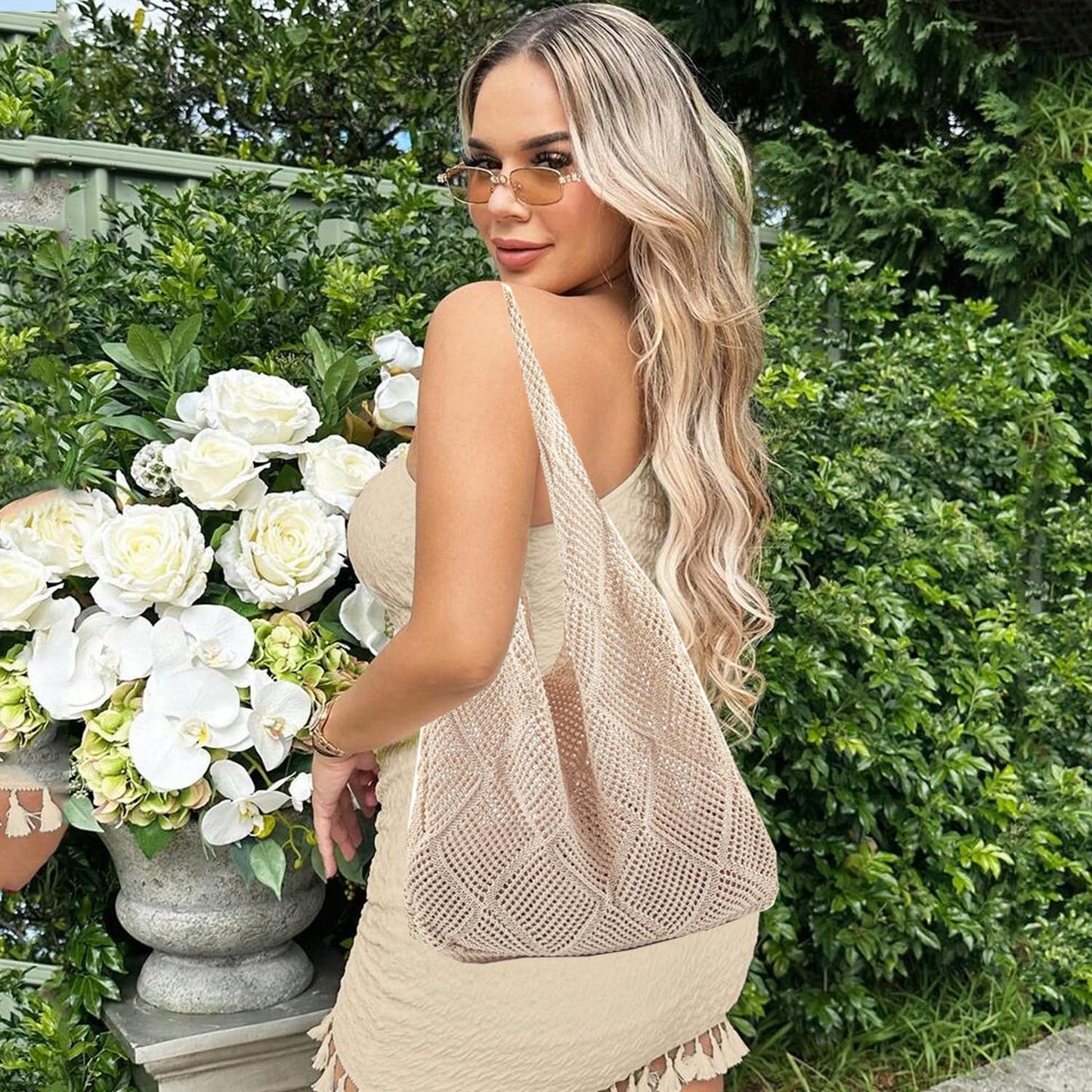 Stizimn Crochet Mesh Beach Tote Bag Shoulder Bag Handbags Knitting Hollow Summer Bag Hobo Bag Aesthetic for Women