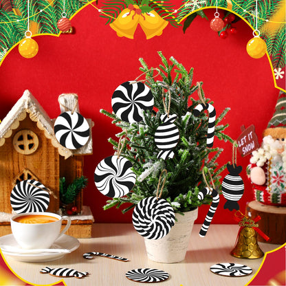 Qunclay 36 Pcs Christmas Candy Hanging Ornaments Wooden Christmas Tree Decorations Black and White Xmas Peppermint Lollipop Ornament Set for Holiday Birthday Party Decoration Supplies Crafts Gifts