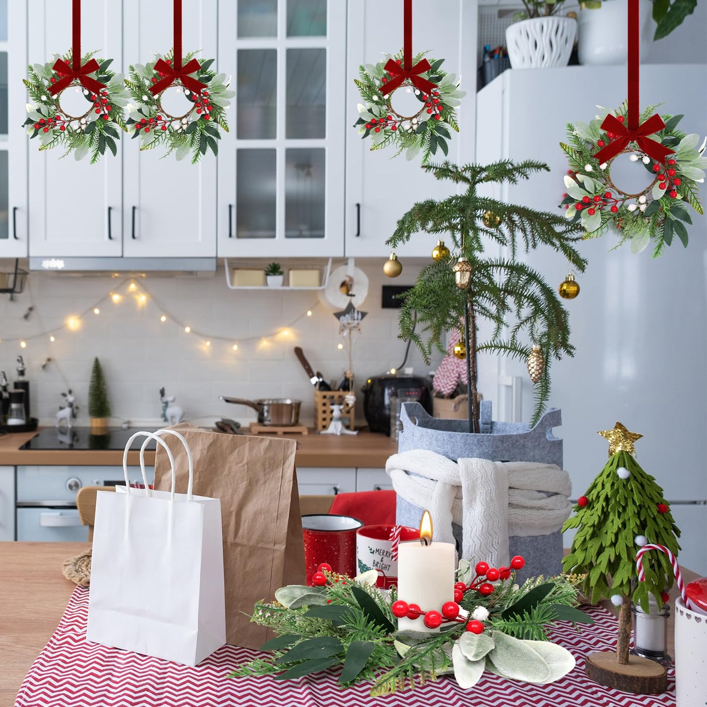 6 Pcs 9'' Mini Christmas Hanging Wreaths Artificial Norfolk Pine Red Berries and Lambs Ear Leaves Small Candle Ring Wreaths for Kitchen Cabinet Farmhouse Front Door Window Xmas (Excluding Ribbons)