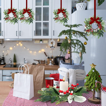 6 Pcs 9'' Mini Christmas Hanging Wreaths Artificial Norfolk Pine Red Berries and Lambs Ear Leaves Small Candle Ring Wreaths for Kitchen Cabinet Farmhouse Front Door Window Xmas (Excluding Ribbons)