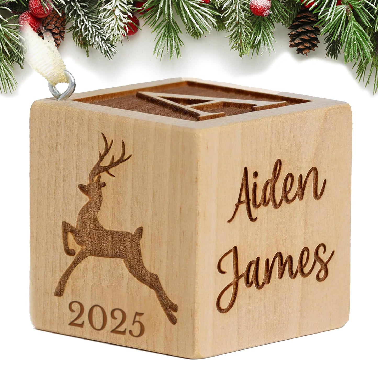 Baby’s First Christmas Ornament 2025 – Personalized Wooden Keepsake Block with Name & Year – Custom Engraved for Newborn Boy or Girl