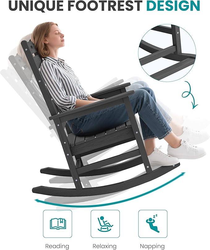 SERWALL Outdoor Rocking Chair Set of 2, Oversized Rocking Chair with Footboard for Adults, HDPE All Weather Resistant Rocking Chairs for Patio, 350lbs Weight Capacity, Gray