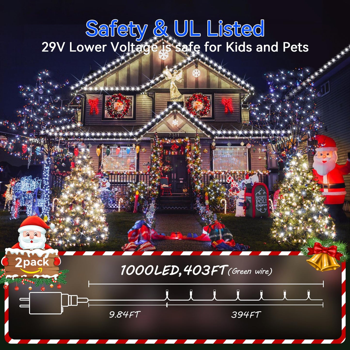 Hezbjiti 2 Pack 1000 LED 403 FT Christmas String Lights Outdoor, 8 Lighting Modes IP44 Waterproof Fairy Lights with Timer and Dimmable Function for Party Tree Decorations (Cold White, Green Wire)