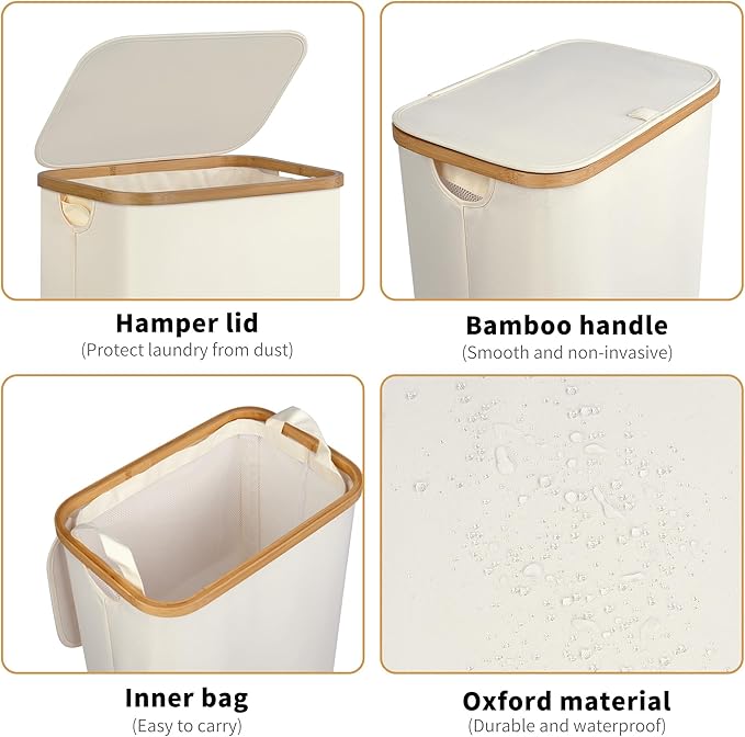 Slim Laundry Hamper, 75L Beige Narrow Laundry Basket
