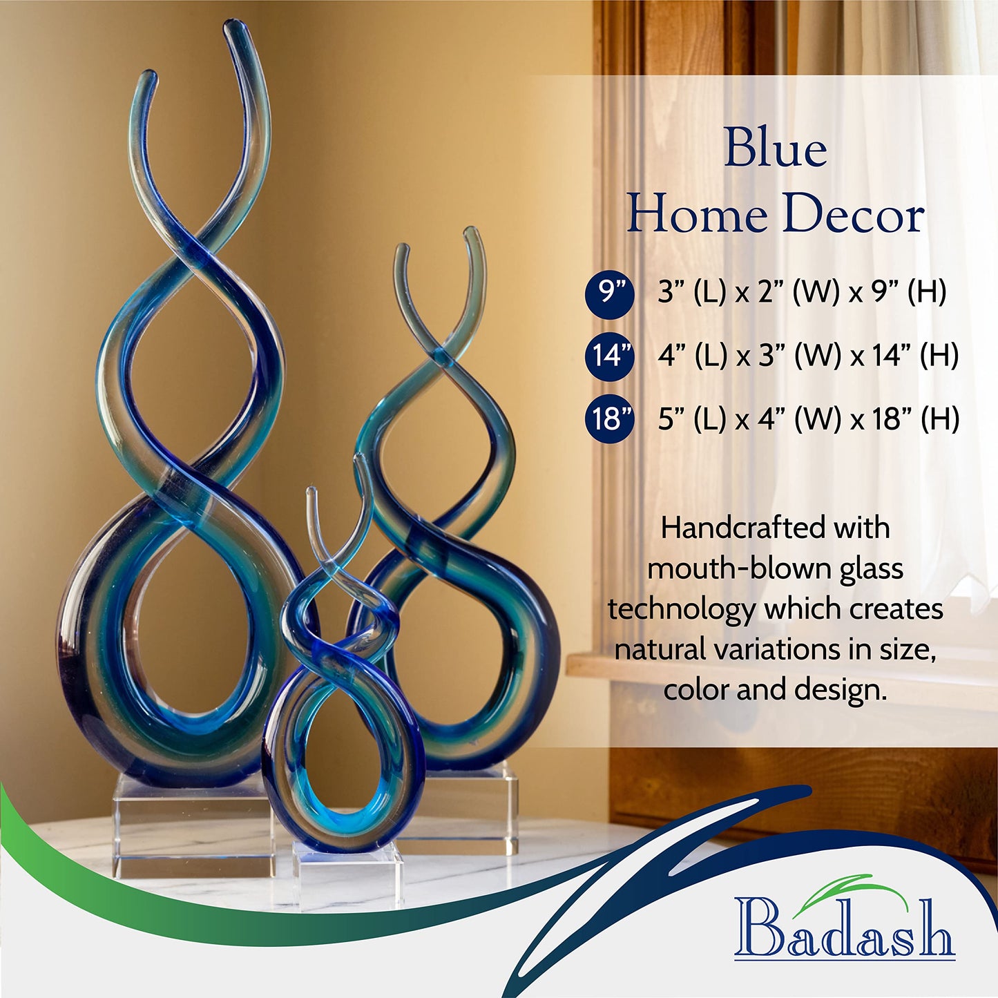 Badash Blue Murano-Style Glass Sculpture - 9'' Wave Art on Crystal Base - Handmade Home Decor