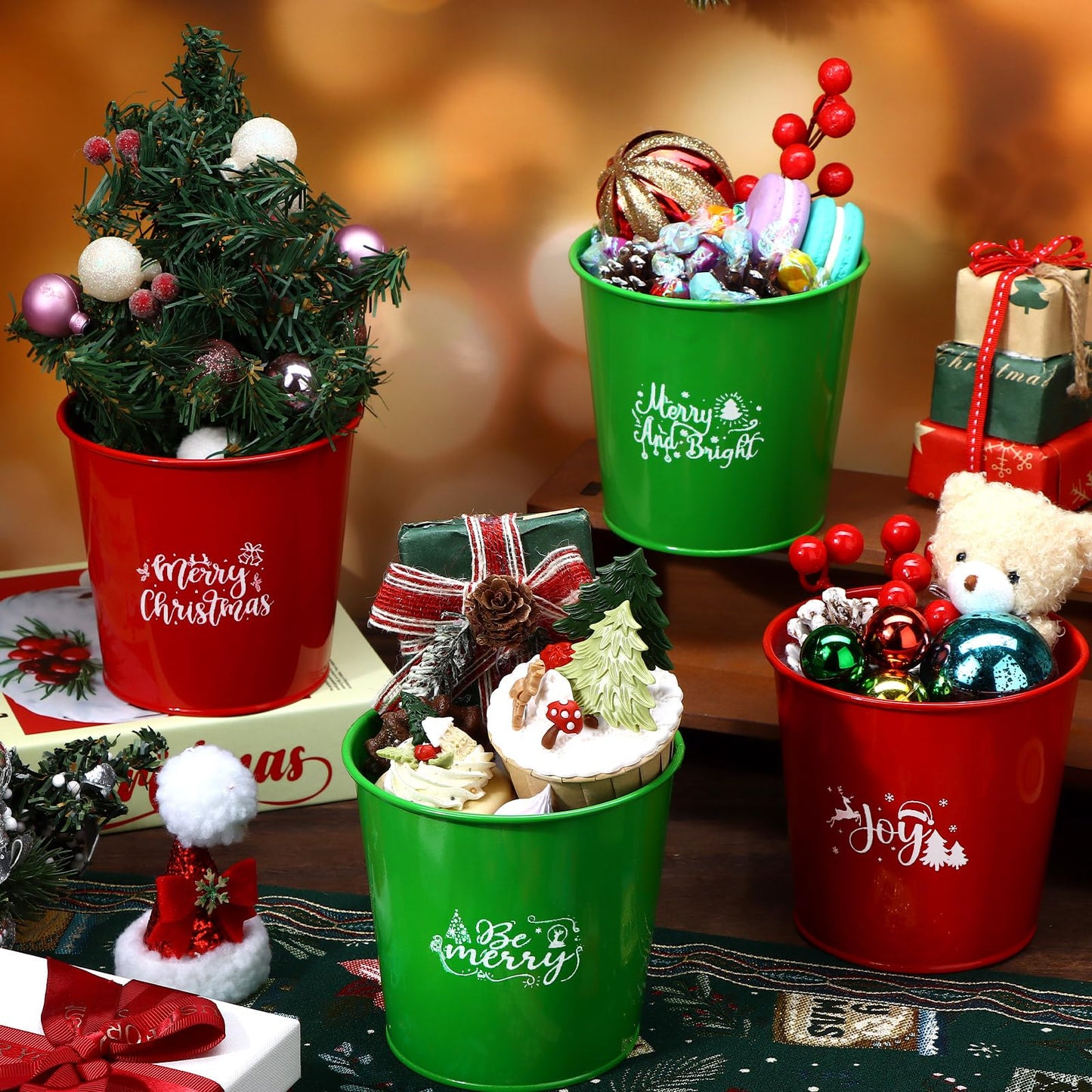 LIUBUJINGYING 20 Pcs Christmas Metal Buckets Christmas Galvanized Flower Planters Pots Red Green Farmhouse Metal Pail Rustic Decorative Gardening Containers for Party Home Xmas Outdoor Indoor Decor