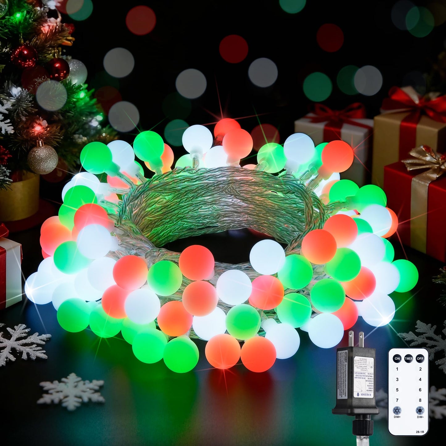 JMEXSUSS Globe String Lights, Red White and Green Christmas Lights，100 LED Plug