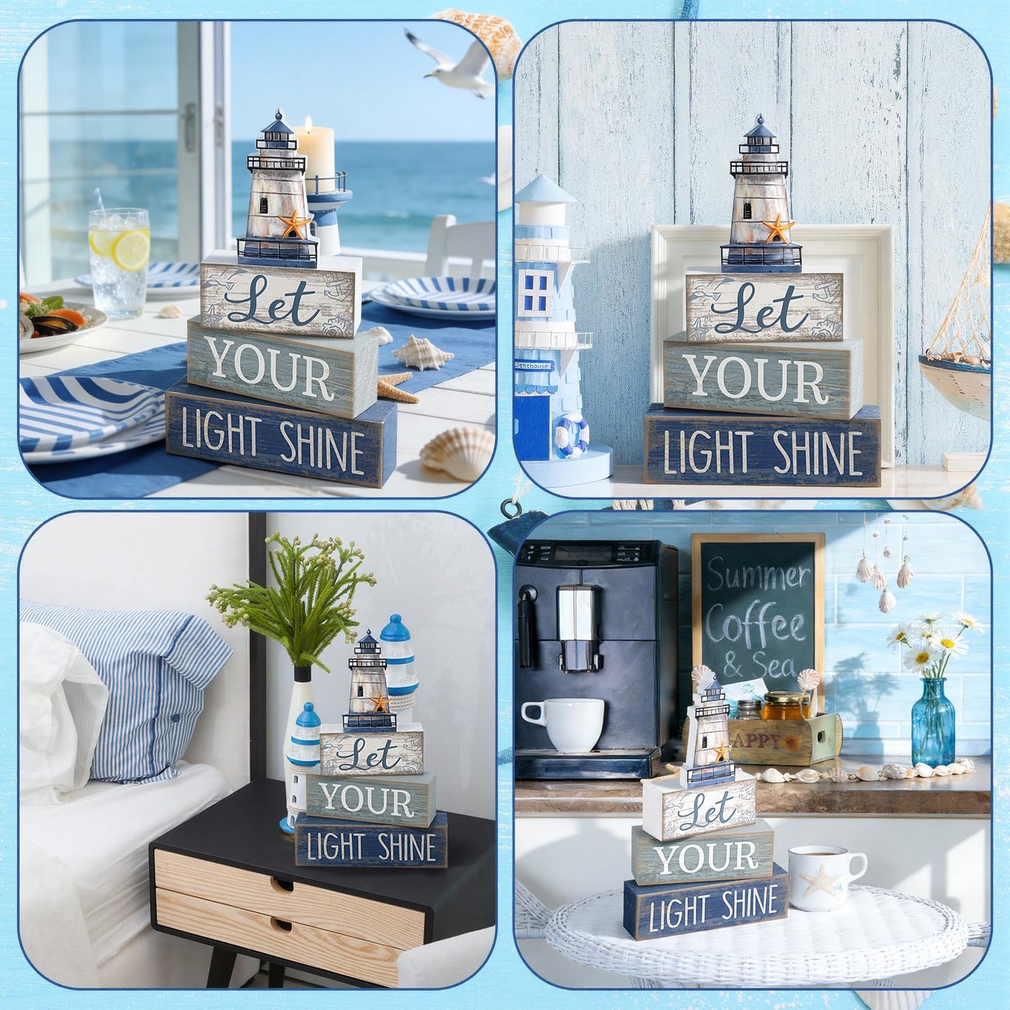 Lineshading 4 Pcs Beach Coastal Table Decor Wooden Lighthouse Decoration with Starfish Summer Tiered Tray Decor Blue and White Ocean Centerpieces Rustic Beach House Nautical Decorations for Home Shelf