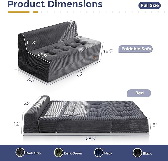 MAXYOYO 8" Folding Sofa Bed, Fold Out Chair Bed Sleeper Chair, Convertible