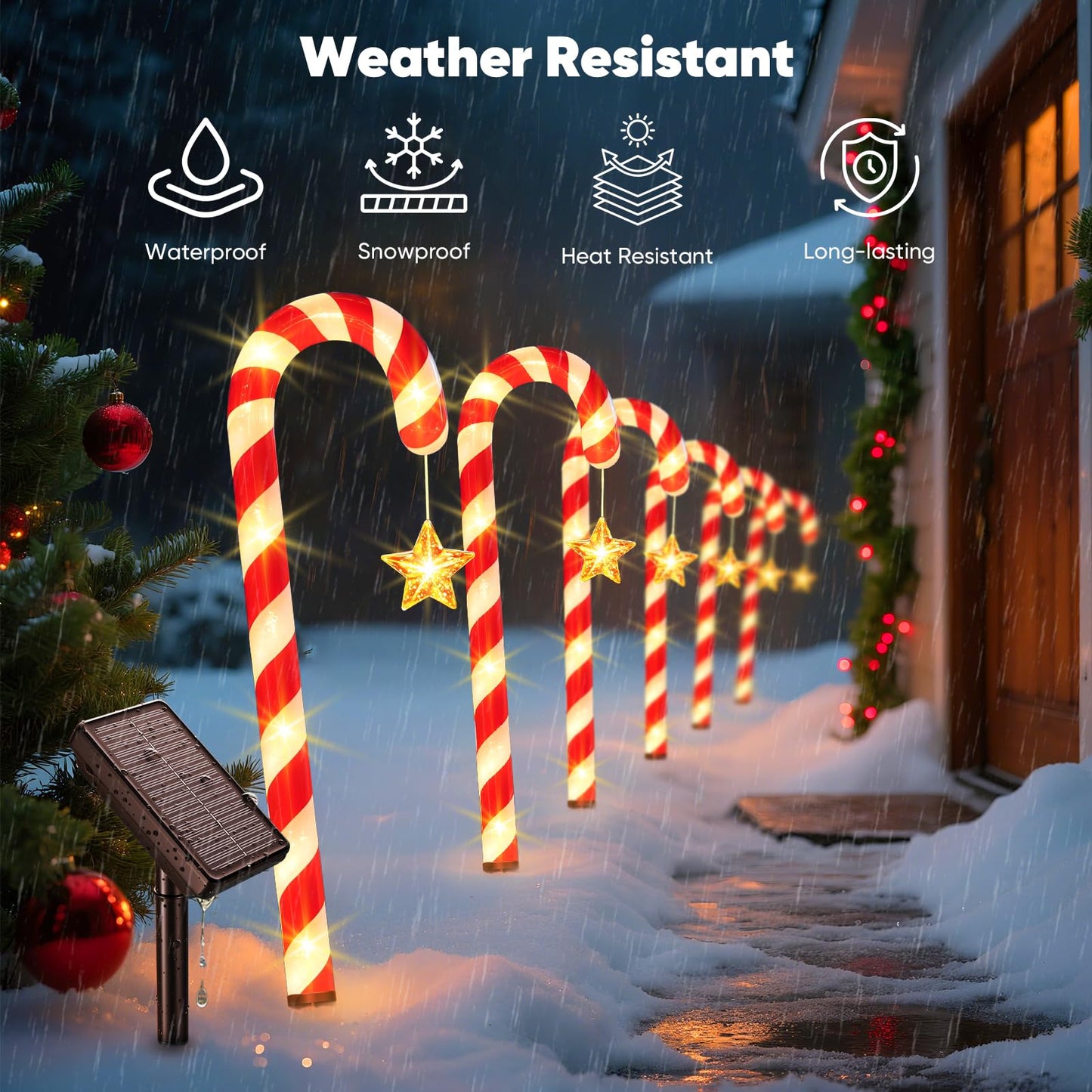 BOMIER Solar Christmas Lights Outdoor Waterproof: 24-Pack Solar Candy Cane Christmas Decorations Outdoor Pathway Lights with Stakes 10 Modes, 144 LED Xmas Decorations for Yard Garden Holiday Decor