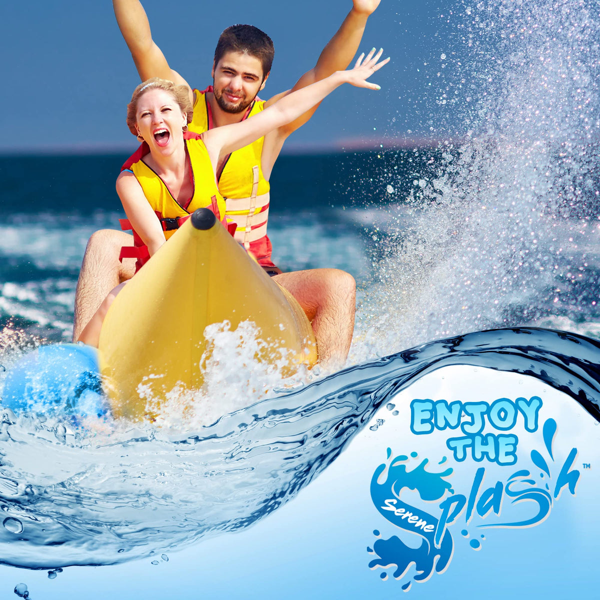 Jovial 2 Person Inflatable Banana Boat, Includes Storage Bag, Foot Pump, and Repair Kit, Tough and Thick, Reinforced Seats and Foot Areas, 340 Lbs Weight Capacity, Easy Inflation and Deflation