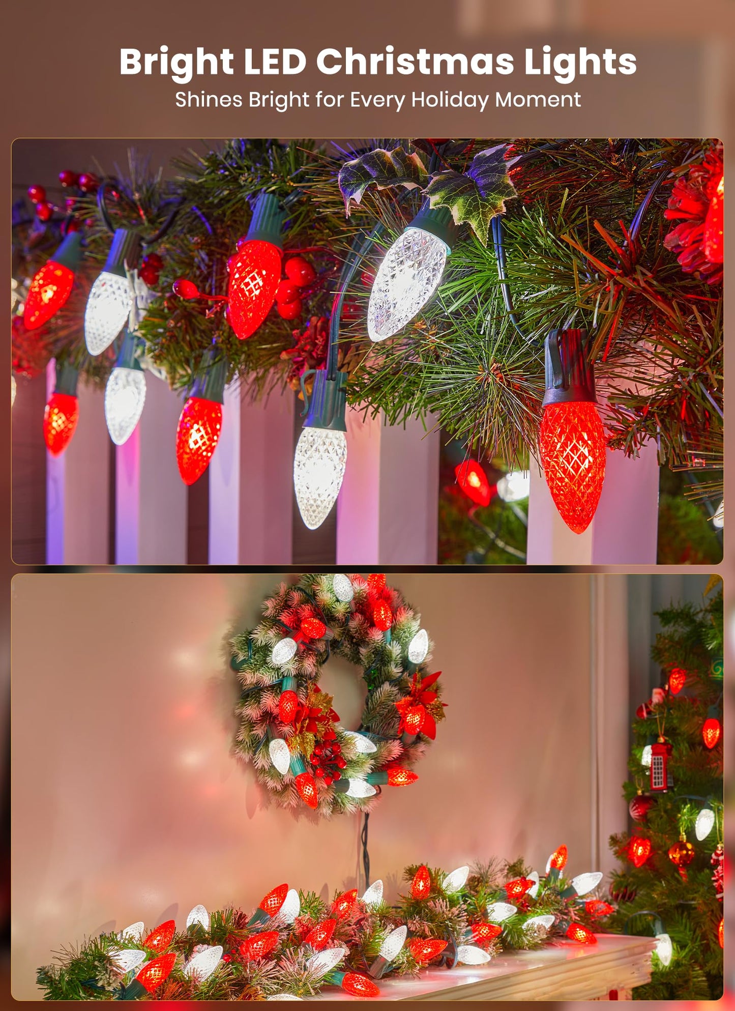 C9 LED Christmas Lights Outdoor with Stakes, 25.7 Feet 20 LED C9 Strawberry String Lights, Connectable Shatterproof Pathway Lights Marker for Path, Lane, Patio, Xmas Holiday Decorations, Red and White