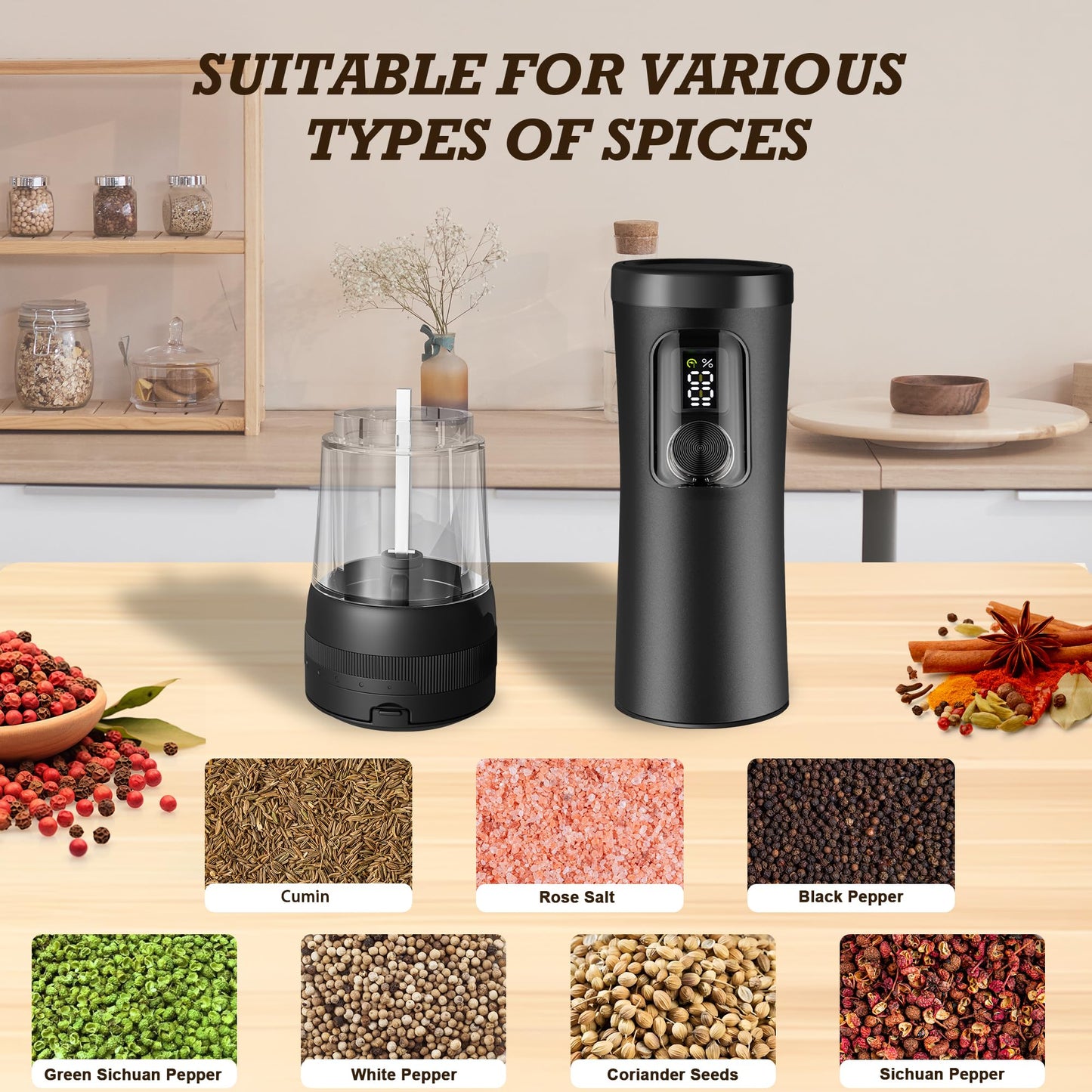 Electric Salt and Pepper Grinder Set, Automatic Refillable Salt and Pepper Shakers 2-Speed Setting with LED Light and 5 Adjustable Coarseness,Practical and Convenient Kitchen Gadgets（Black）