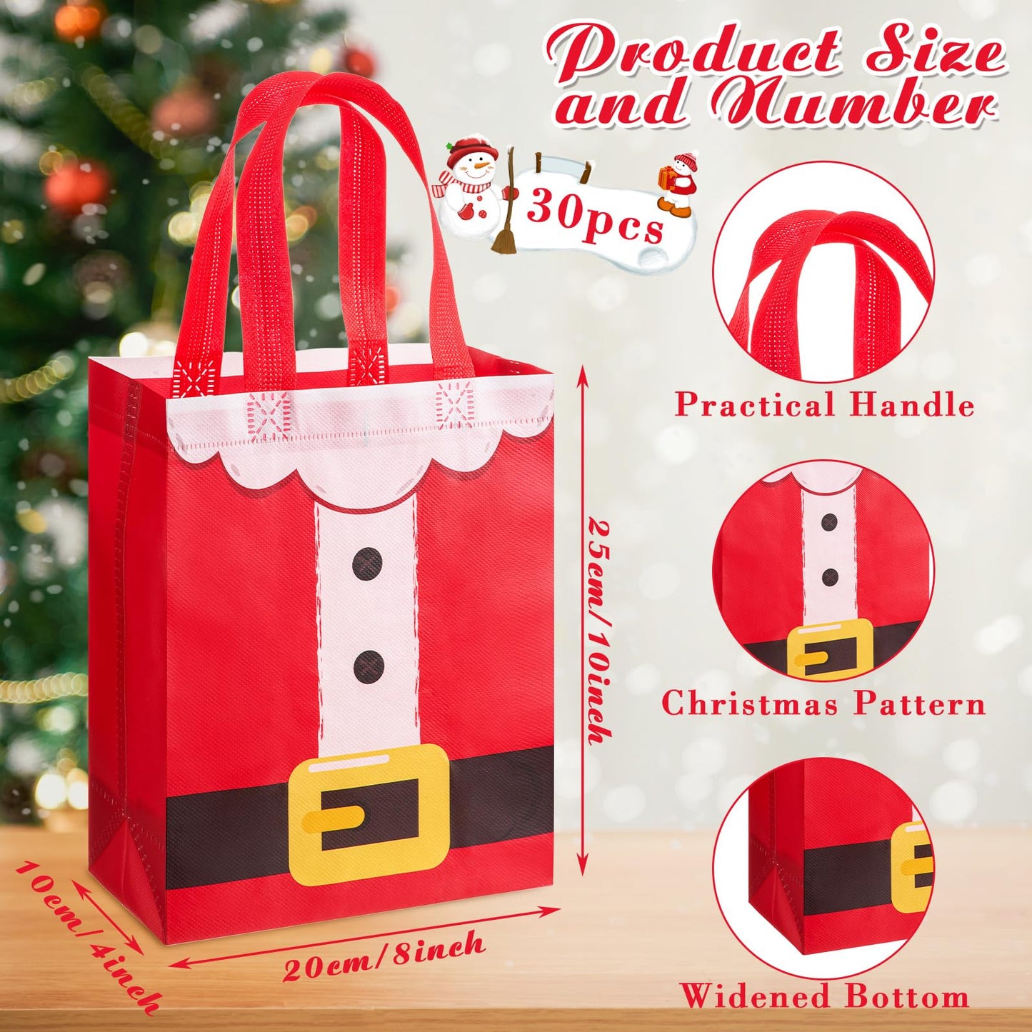 Threlaco 30 Pcs Christmas Gift Bags Bulk Reusable Non Woven Santa Claus Goodie Treat Bags with Handles for Xmas Holiday Party Favors Gifts Wrapping, 10 x 8 x 4 Inch