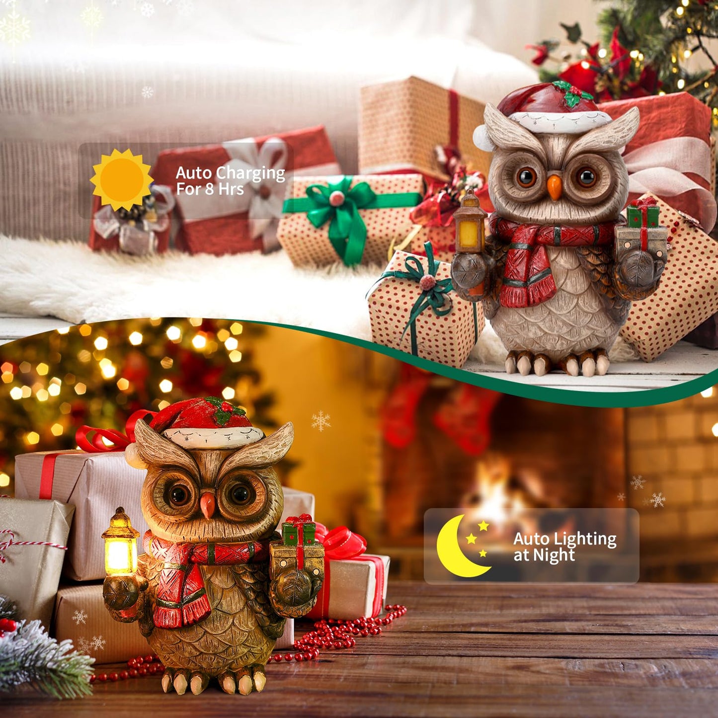 WONDHOME Solar Christmas Owl Decoration Resin Owl Outdoor Statue with LED Lantern for Porch Garden Patio Yard Home Decor Christmas Housewarming Gifts for Women Mom