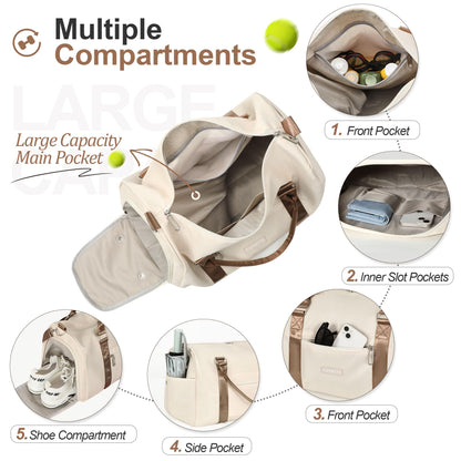 FIORETTO Womens Gym Tote Duffle Bag with Wet Pocket & Shoe Compartment, Sports Duffel Overnight Weekender Hospital Workout Carry on Bag for Girls, Ideal for Travel, Swimming, Dance, Ballet Beige